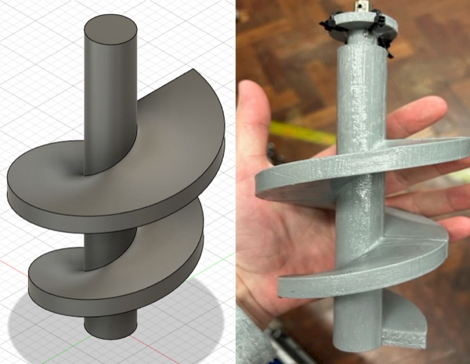 An example of modelled spiral stirrer design and 3d printed spiral